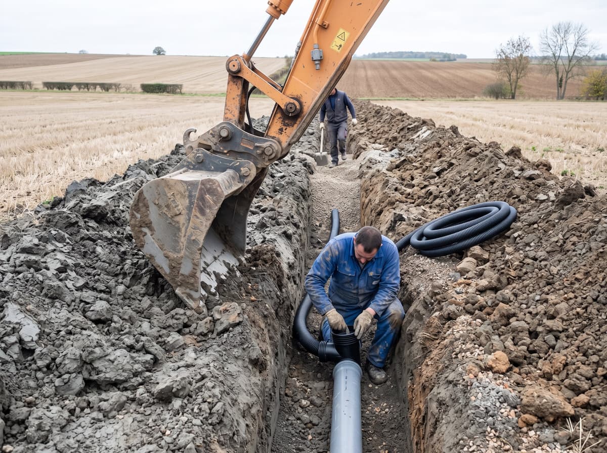 Chantier de drainage agricole, pose d'un réseau de drains enterrés