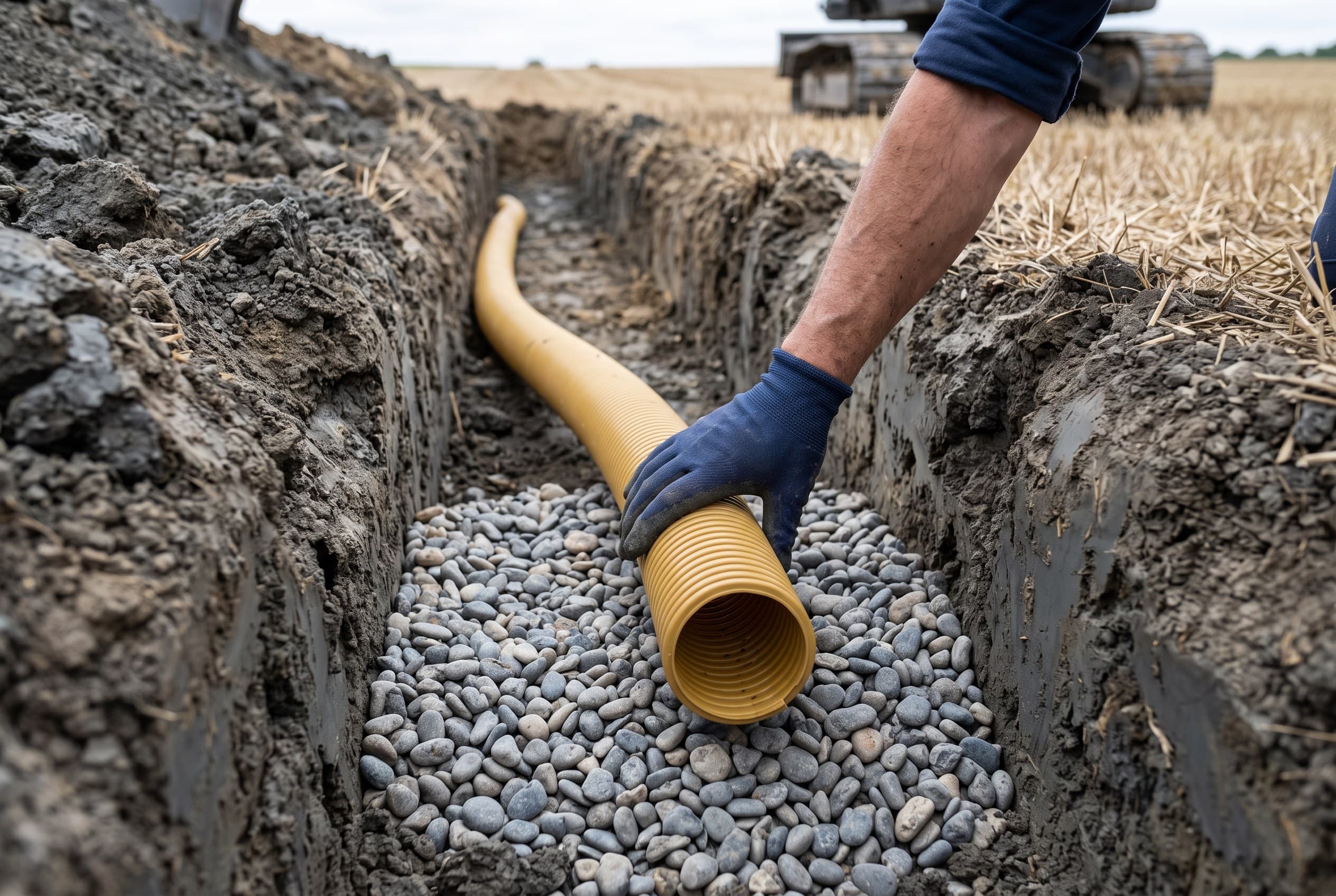 Pose de drains enterrés et raccordement d'un collecteur sur une parcelle agricole de l'Yonne