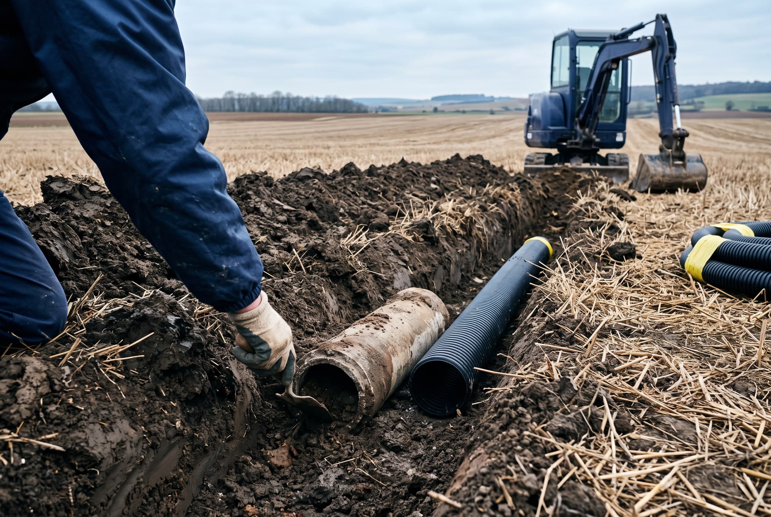 Curage d'un collecteur de drainage agricole lors d'une intervention d'entretien