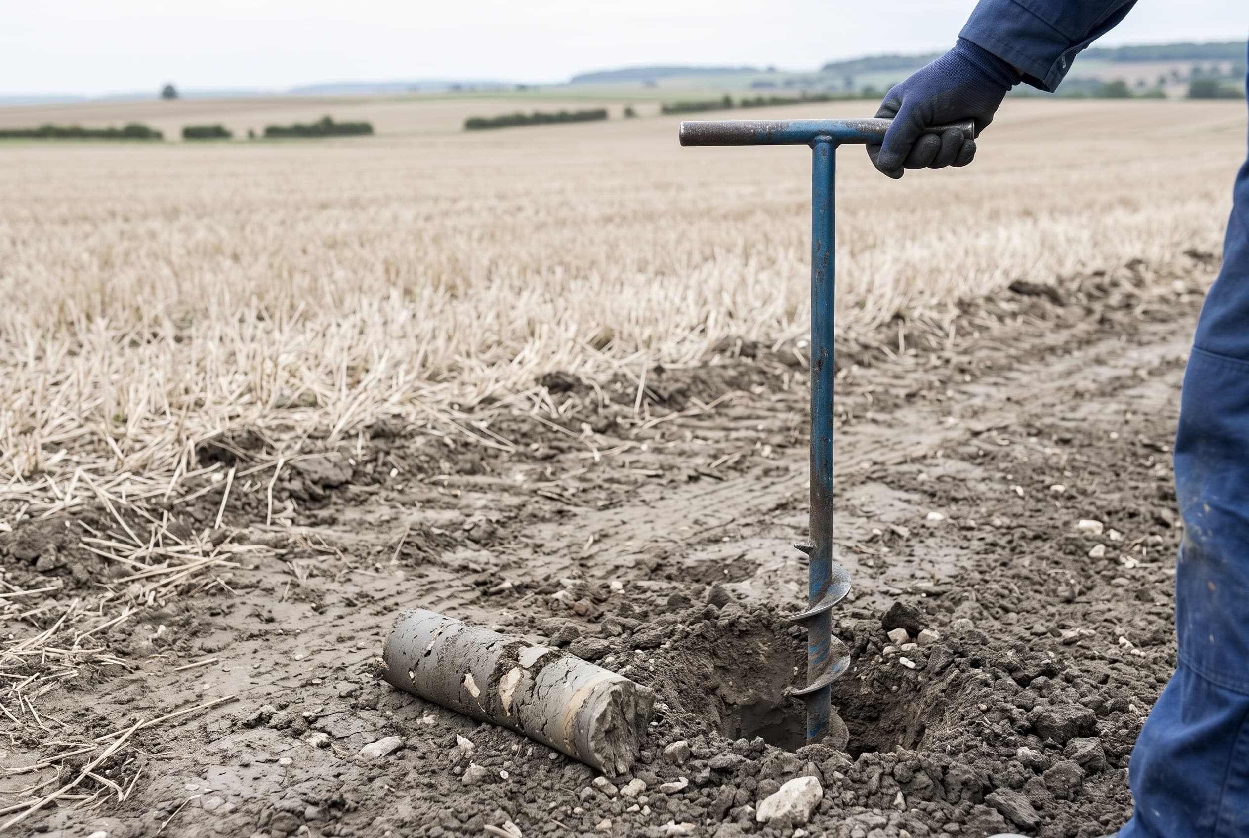 Sondage du sol à la tarière lors d'une étude de terrain avant drainage agricole