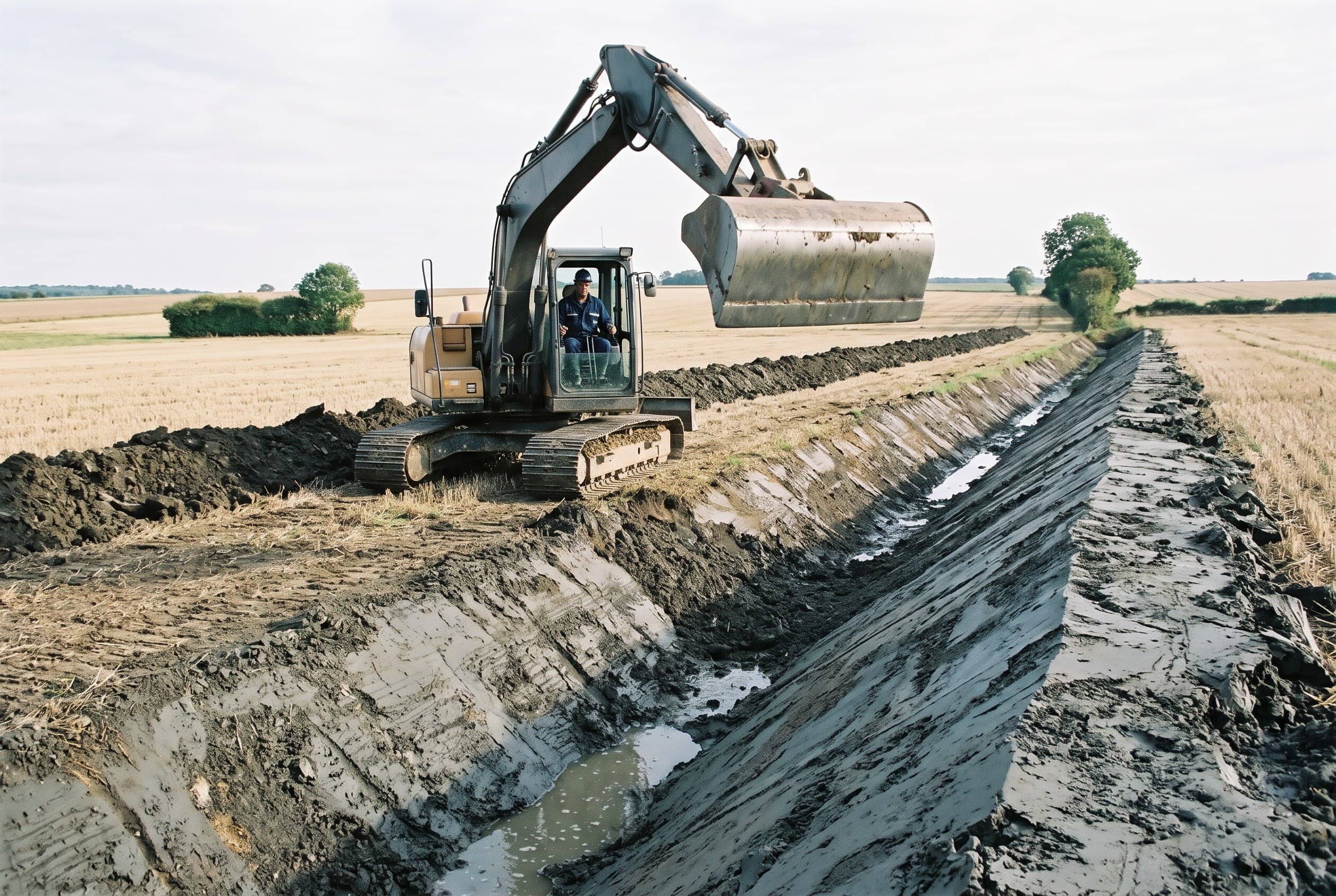 Fossé agricole recalibré recevant l'écoulement d'un réseau de drainage dans l'Yonne