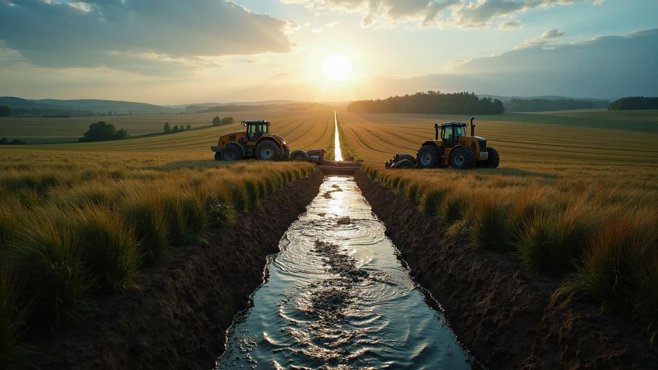 Convergence de plusieurs drains agricoles vers un collecteur principal, chantier de drainage, Yonne