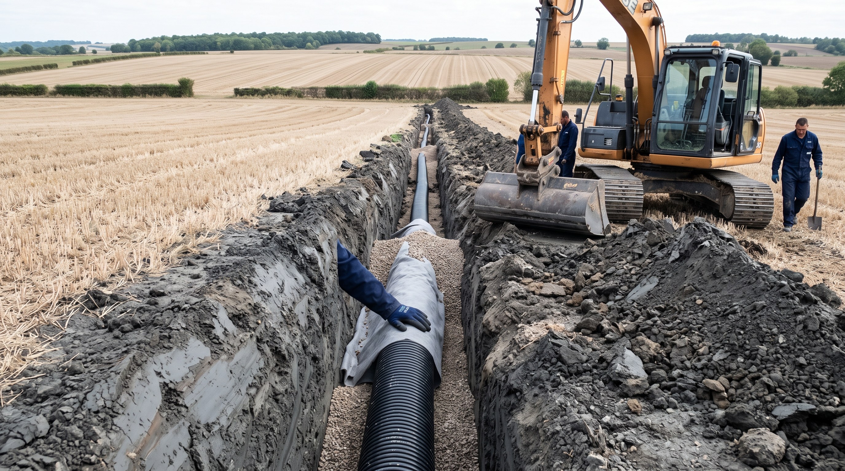 Tranchée ouverte avec drain agricole posé, préparée pour le remblaiement, chantier de drainage, Yonne