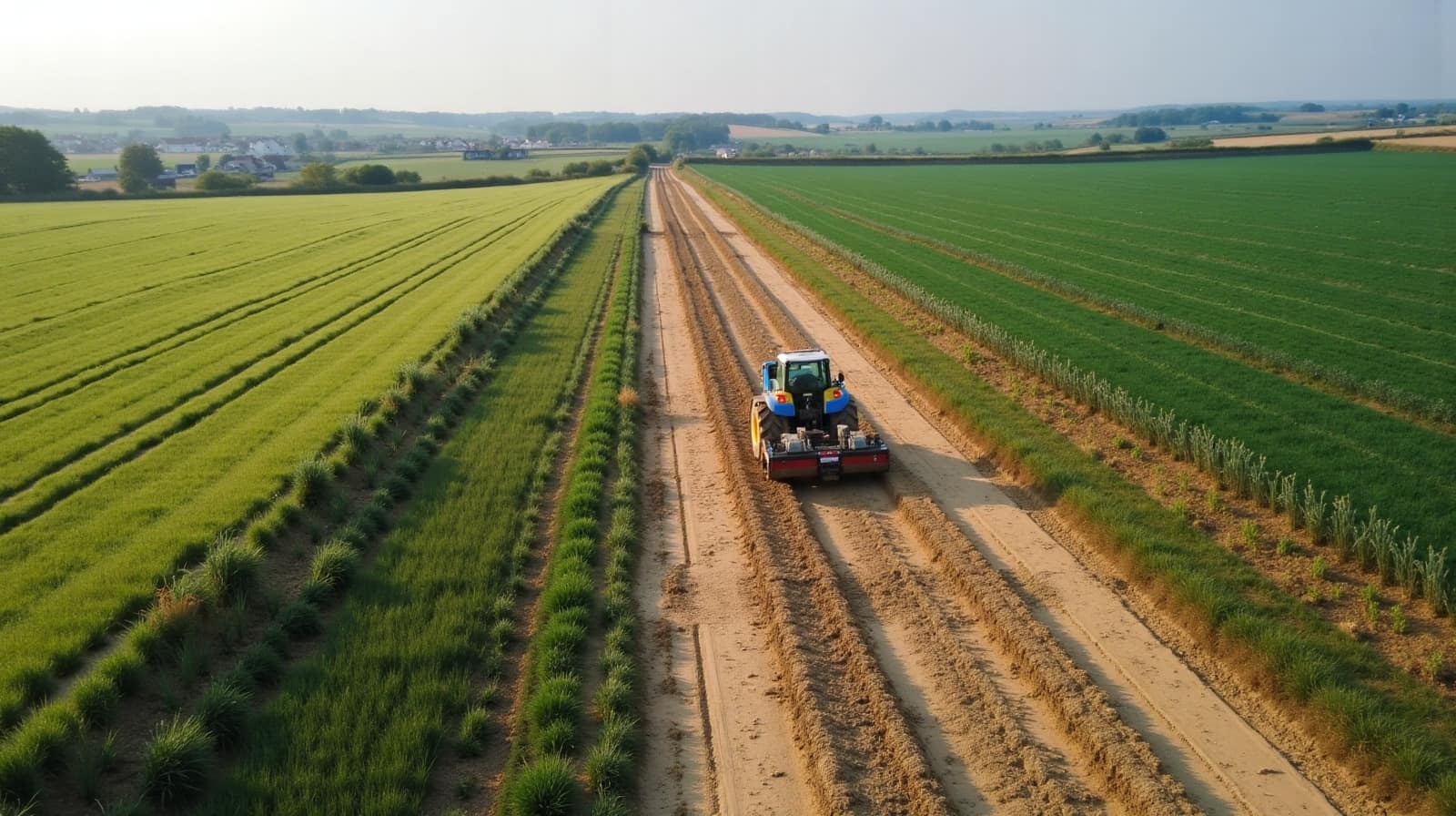 Vue aérienne d'un chantier de drainage agricole en cours de finalisation, Yonne