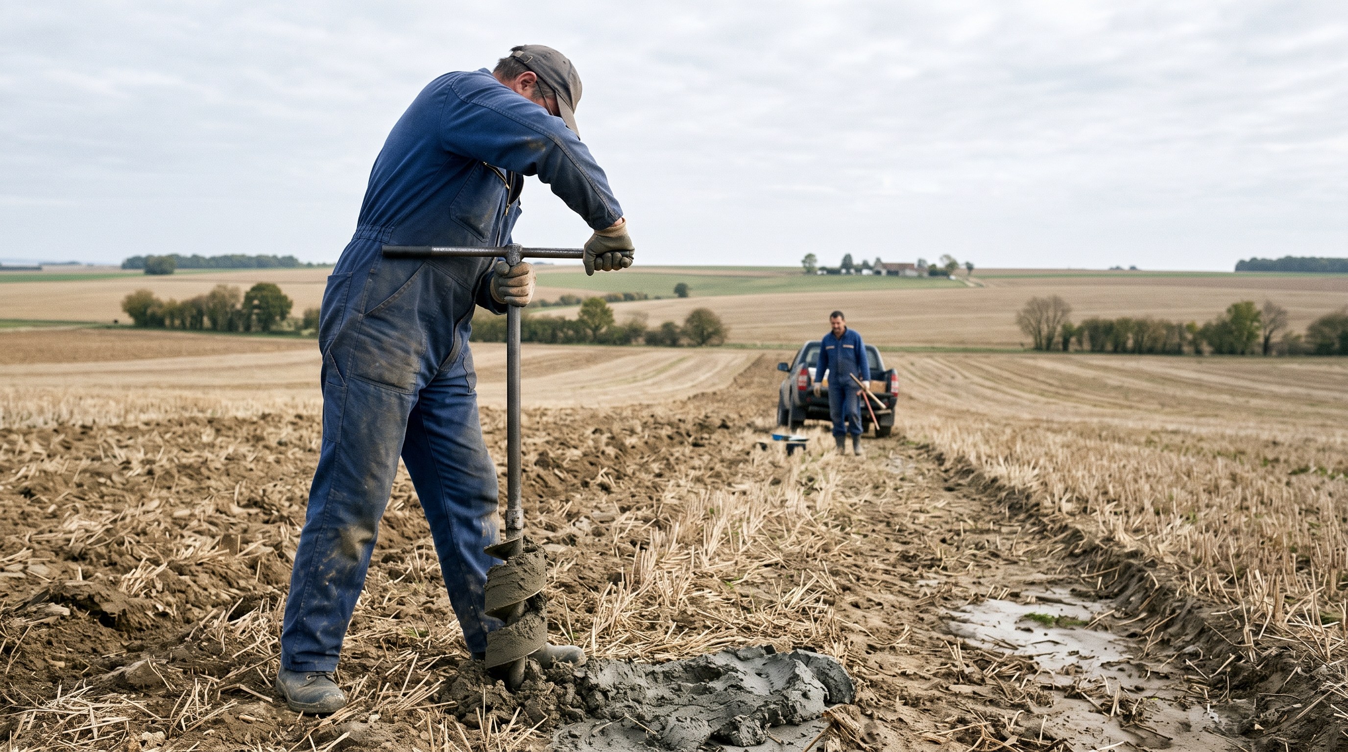 Sondage de sol à la tarière sur une parcelle agricole avant chiffrage d'un drainage, Yonne