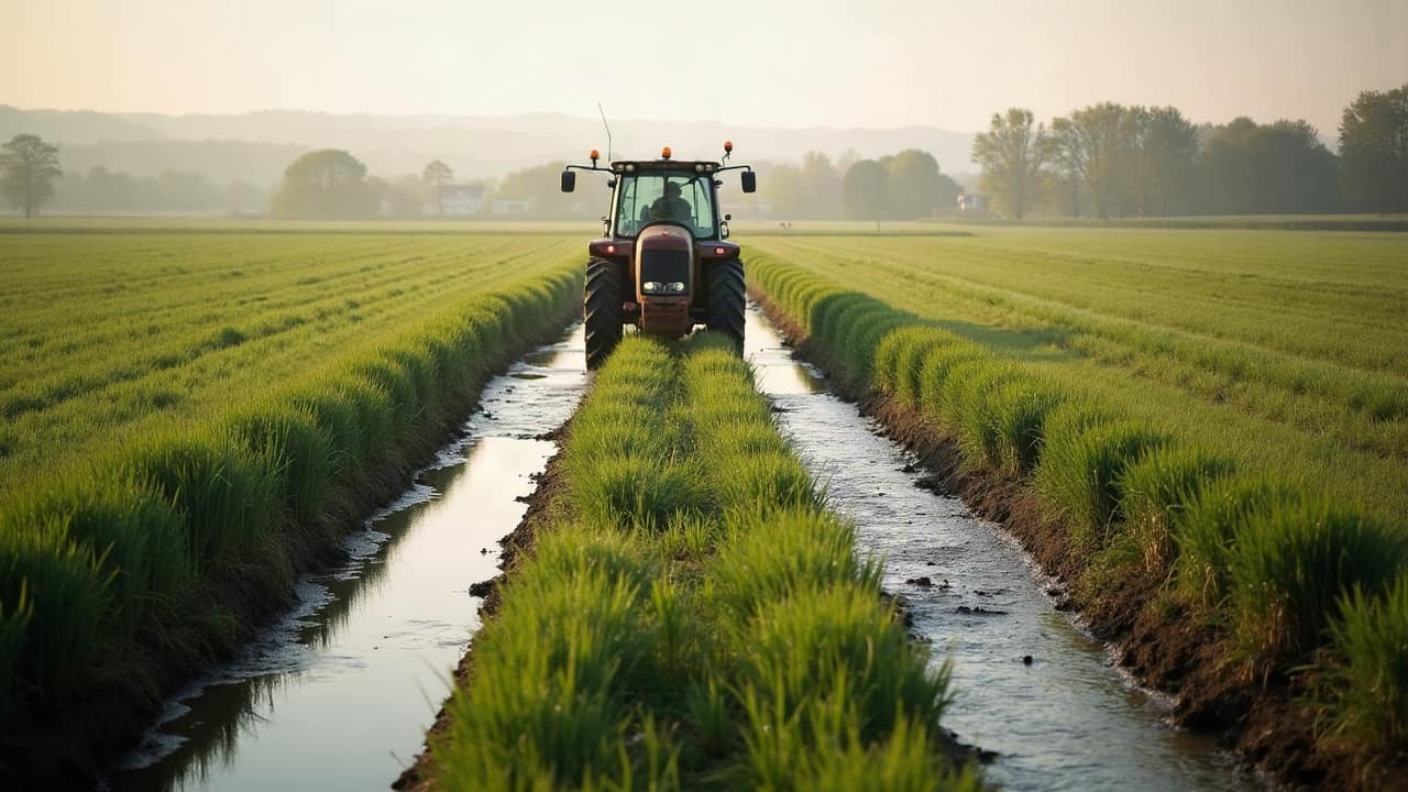 Flaques d'eau persistantes sur une parcelle de grandes cultures à l'automne, Yonne