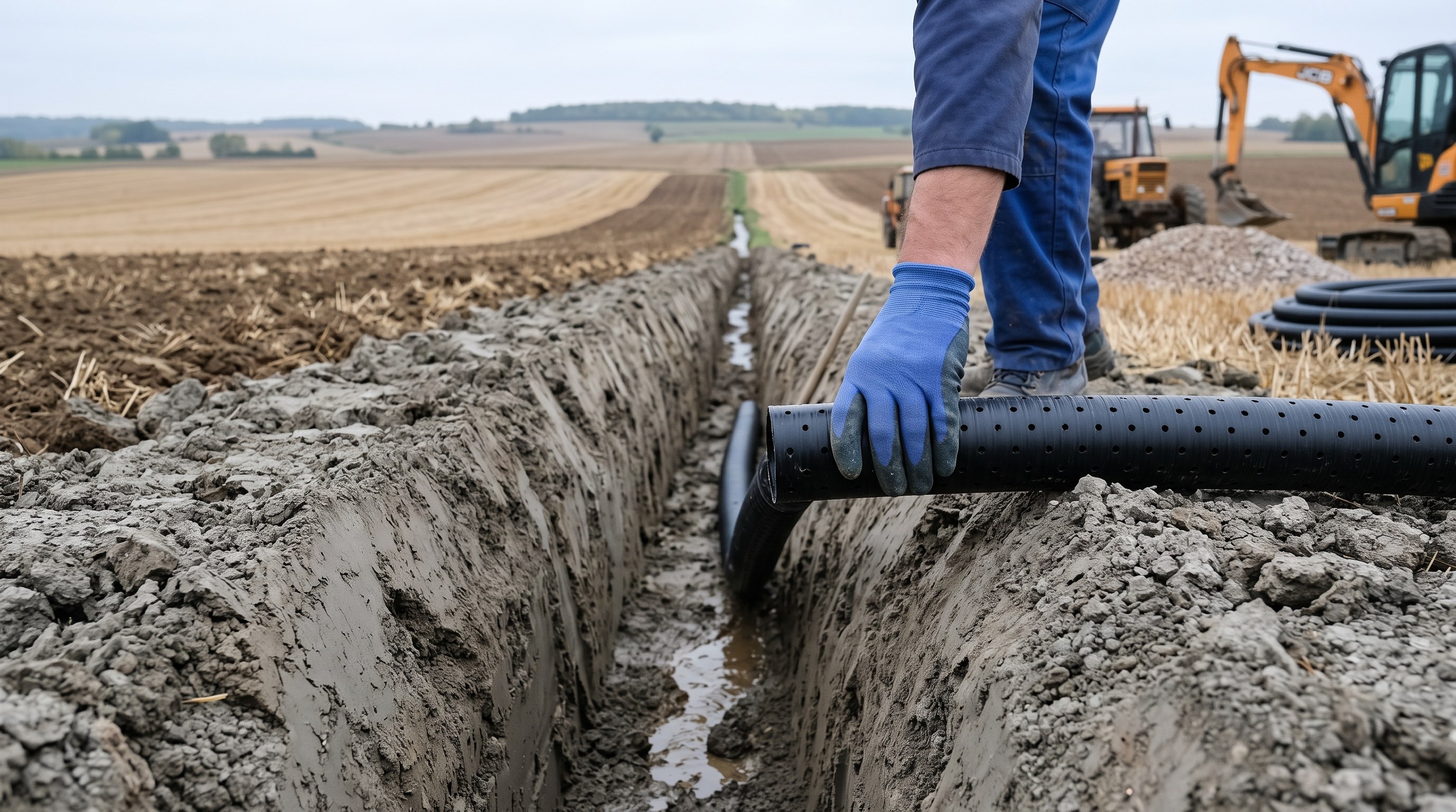 Fossé entretenu servant d'exutoire à un réseau de drainage agricole en bordure de parcelle, Yonne
