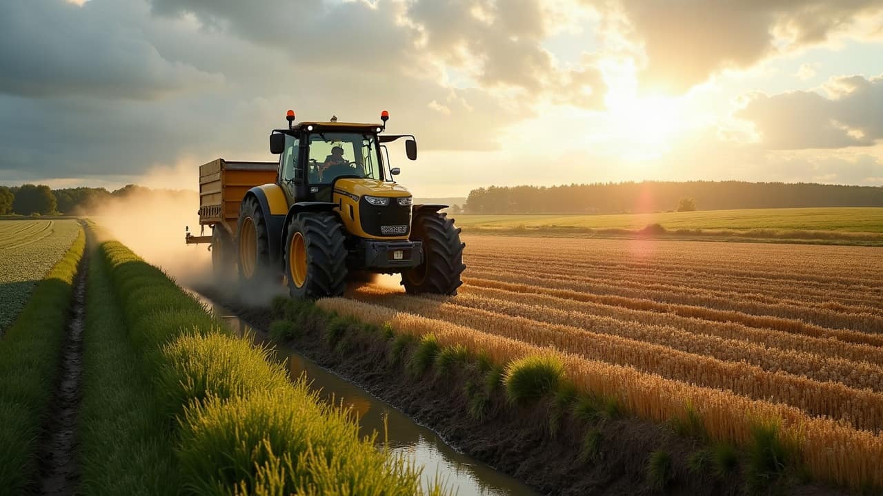 Grande parcelle céréalière du Gâtinais sud avec zone humide localisée après une pluie, Yonne