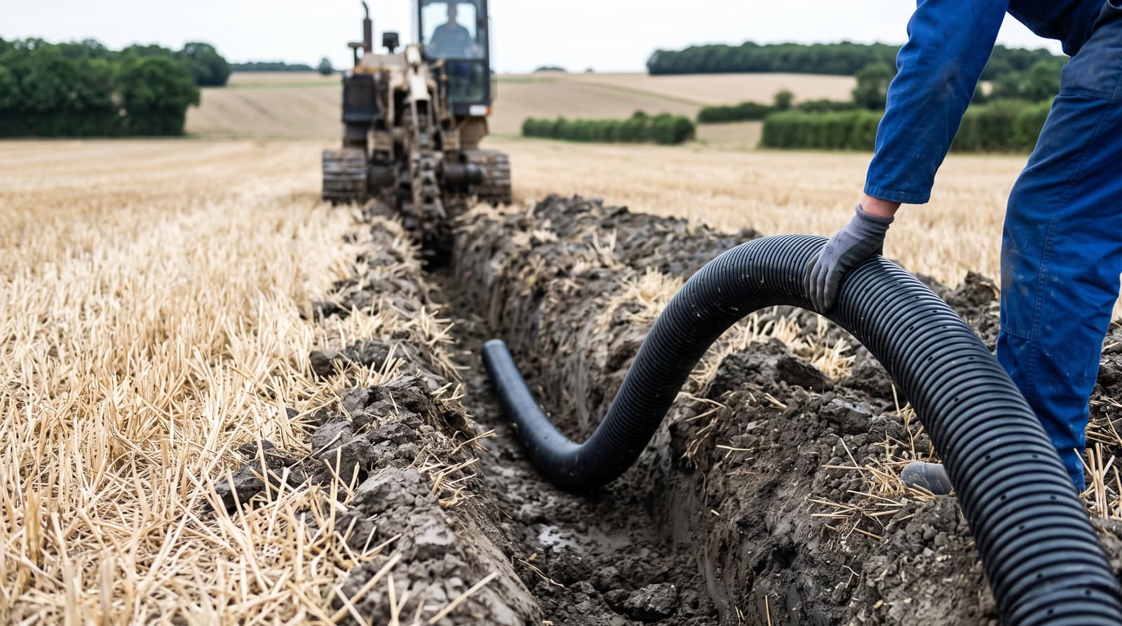 Chaumes de céréales après moisson sur une parcelle agricole de l'Yonne, avant intervention de drainage