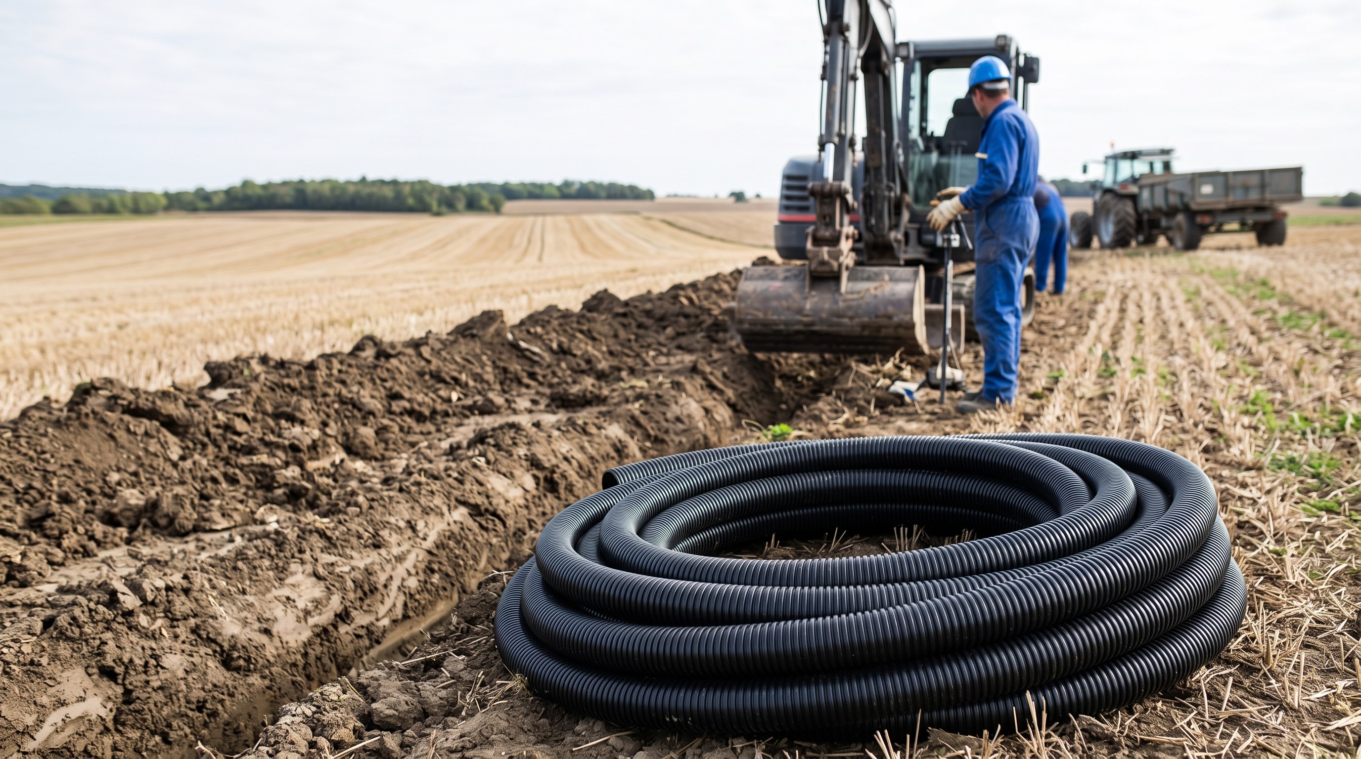 Bobine de drain agricole annelé prête à être posée en tranchée, chantier de drainage, Yonne