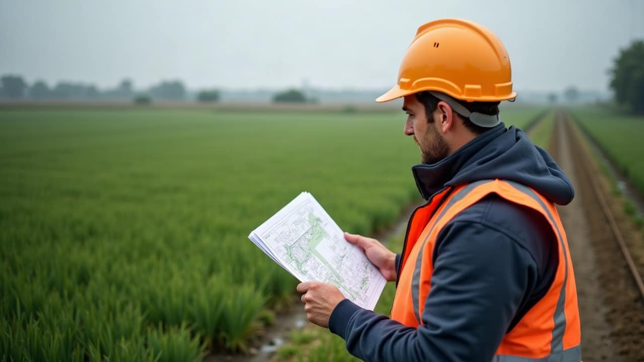 Plan de drainage consulté par un exploitant lors d'un rendez-vous de chantier, Yonne