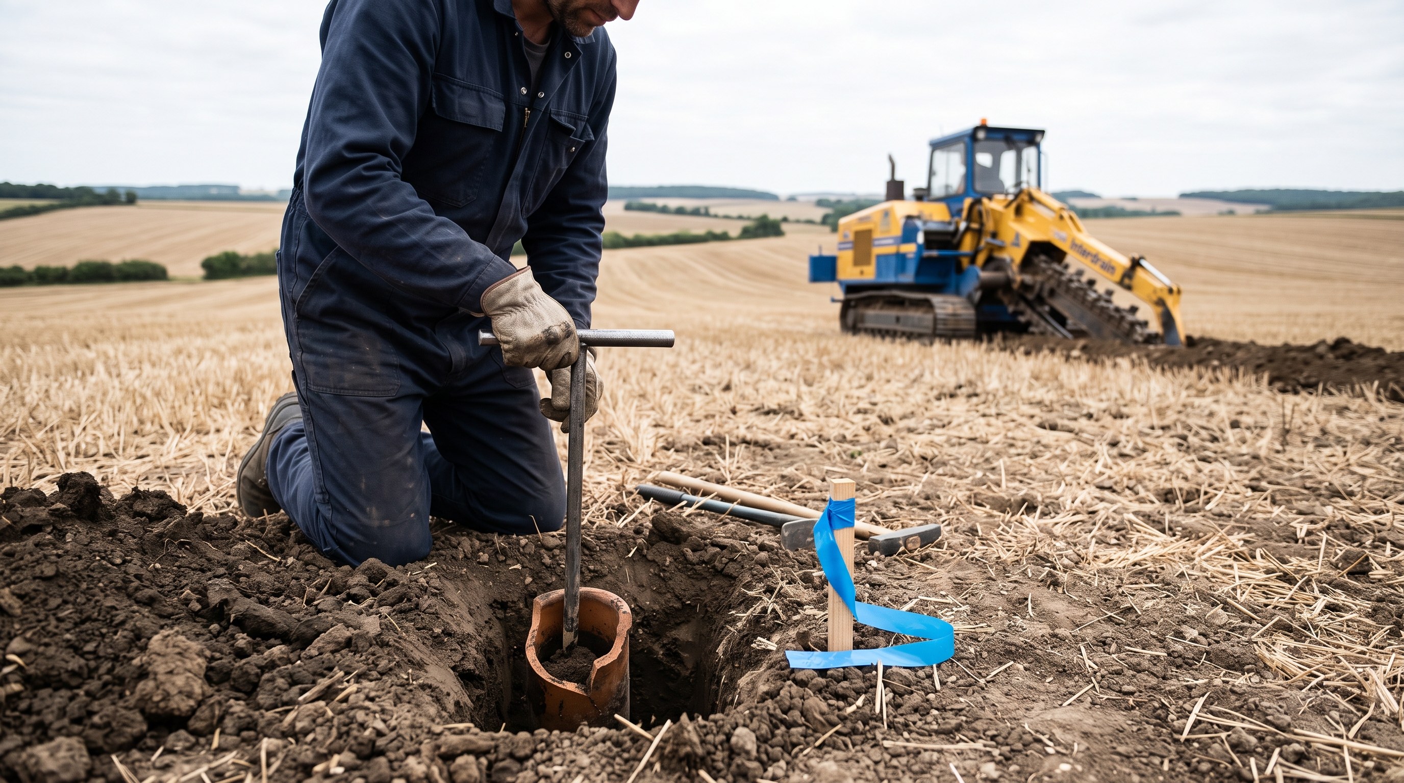 Sondage ciblé pour repérer le tracé d'un ancien réseau de drainage sur une parcelle agricole, Yonne