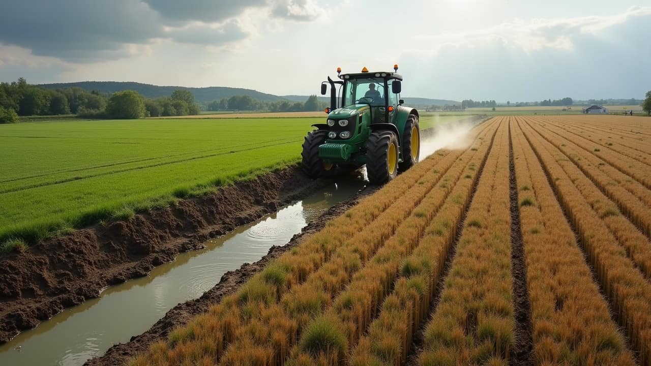 Passage d'un engin agricole sur une parcelle récemment remise en état après un chantier de drainage, Yonne
