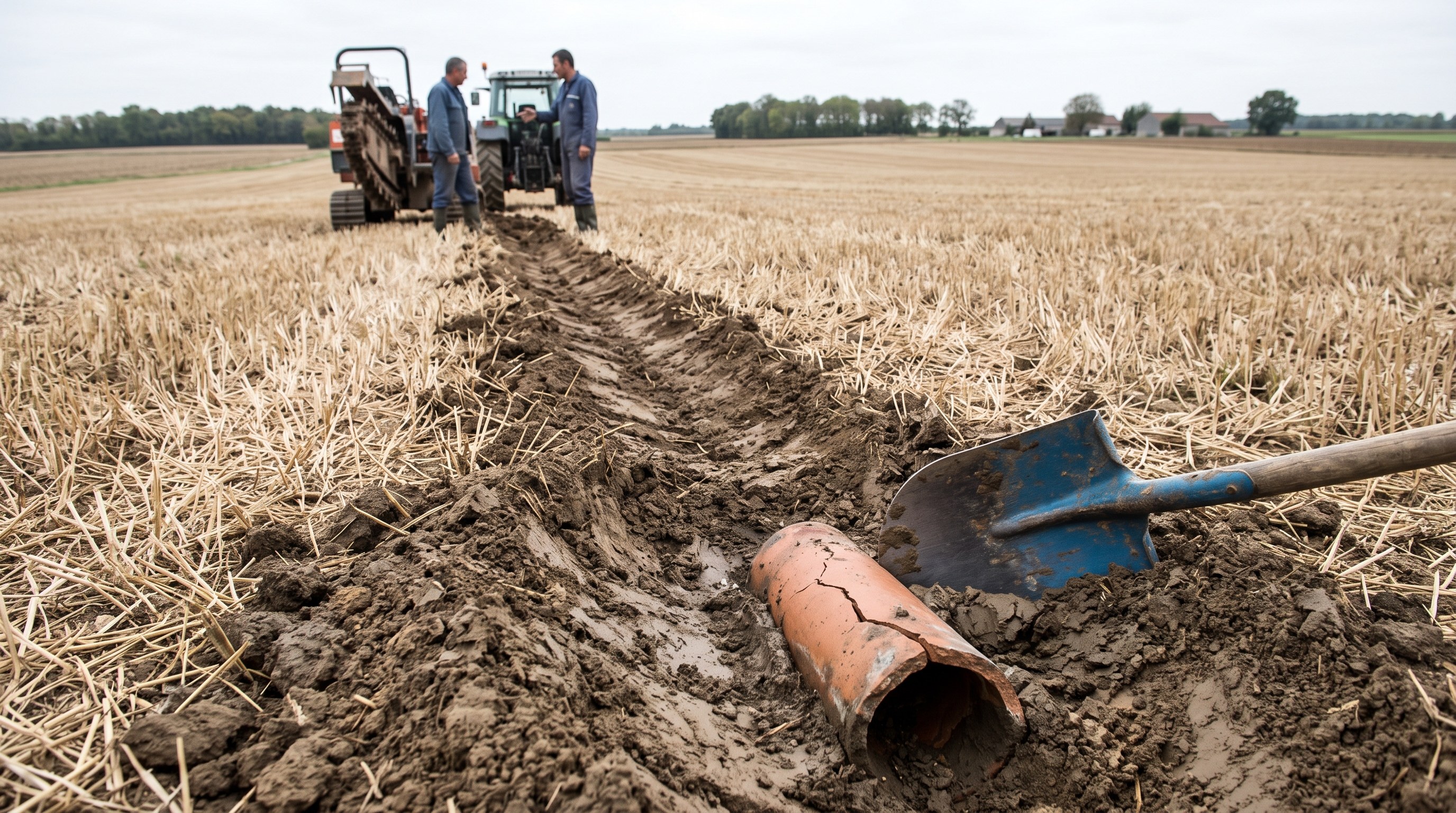 Vue au sol d'une dépression linéaire dans une parcelle, signe d'un affaissement au-dessus d'un ancien drain, Yonne