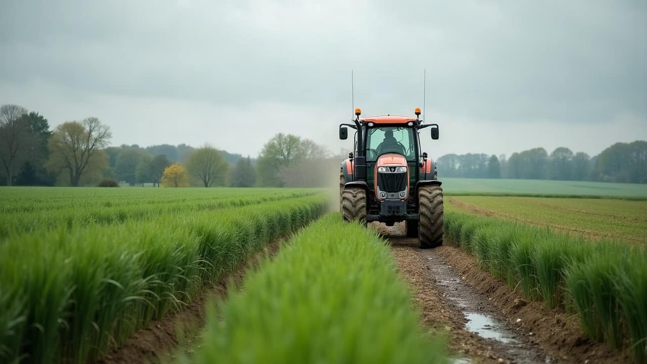 Zone de culture en retard dans un creux de parcelle après une période humide, Yonne