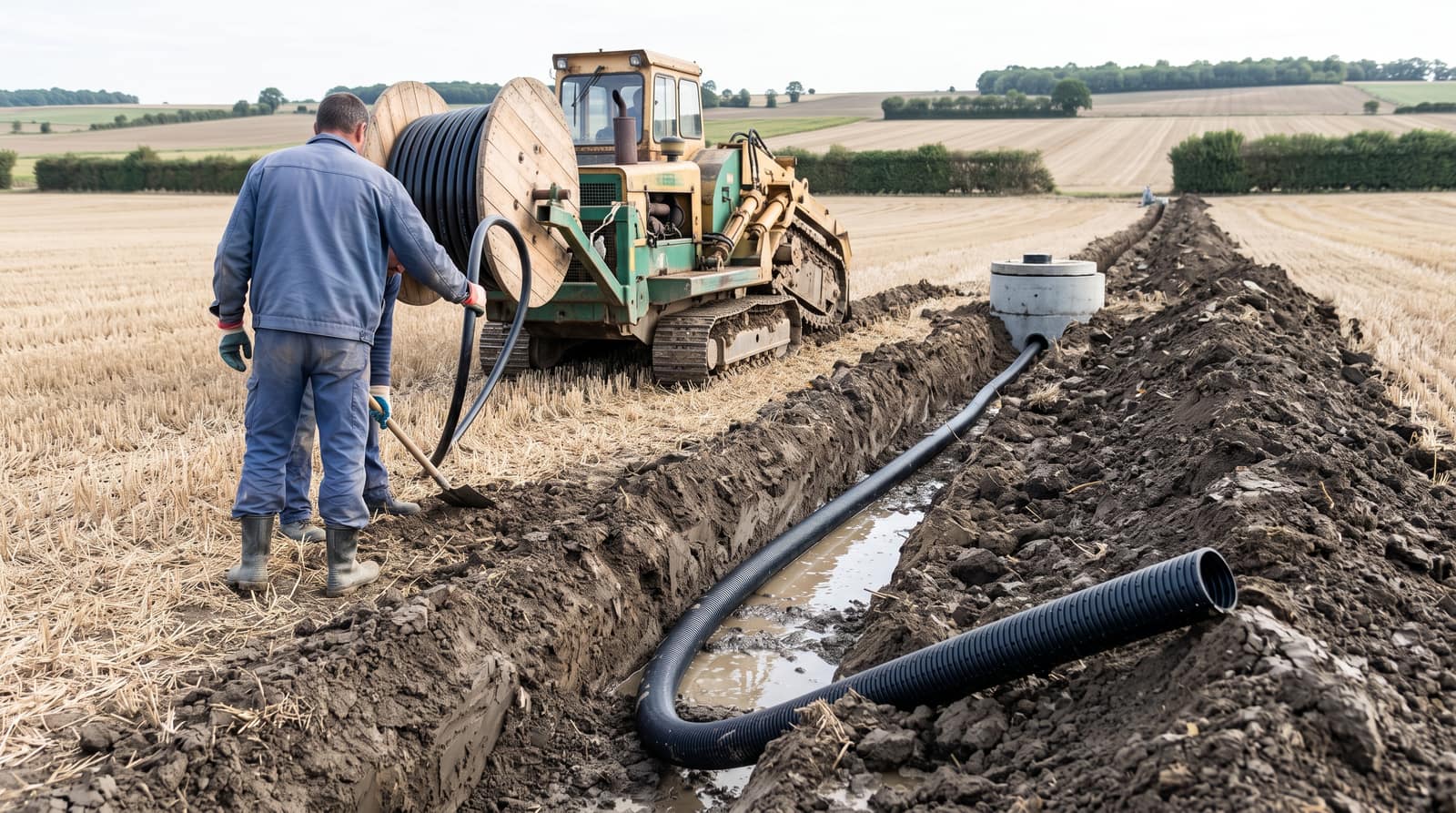 Grande parcelle céréalière du Sénonais avec zone d'eau stagnante après une pluie, Yonne