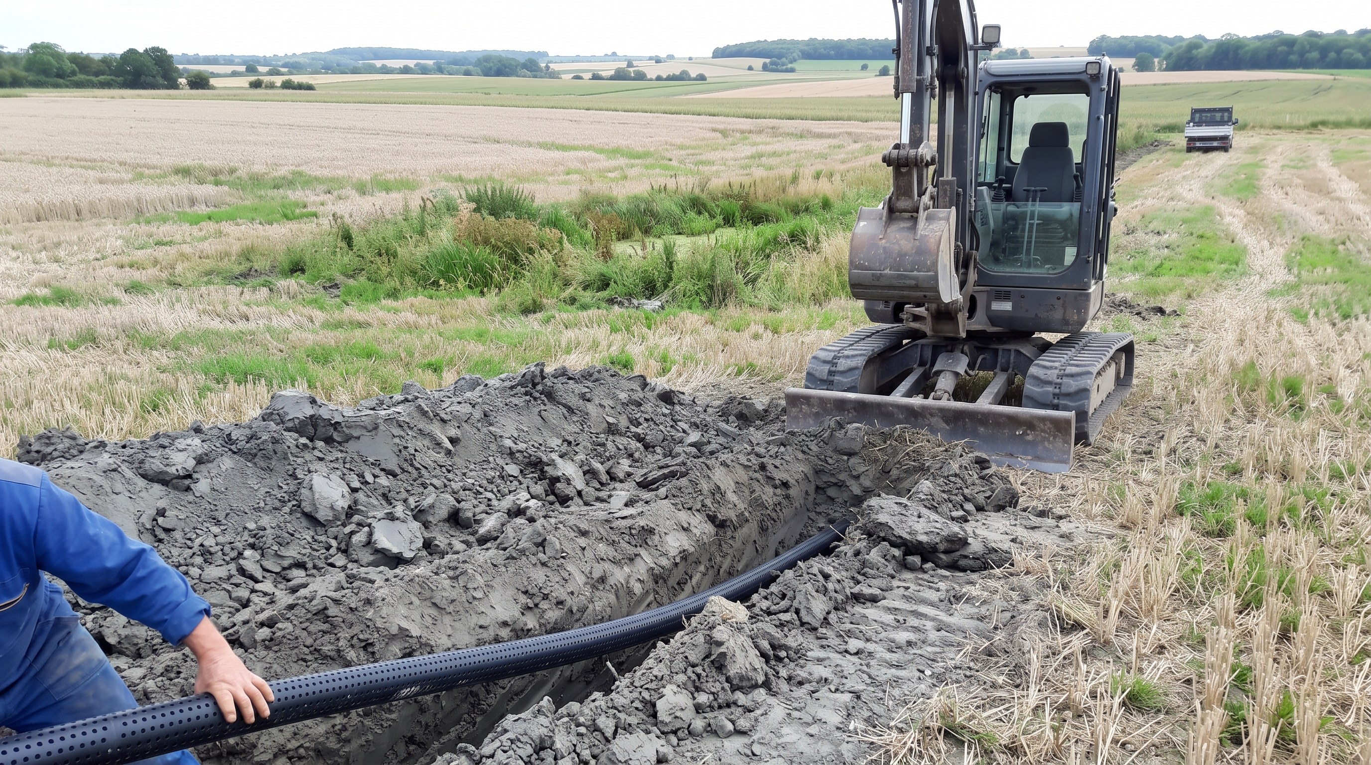 Zone de parcelle agricole avec végétation différente signalant un excès d'eau localisé, Yonne