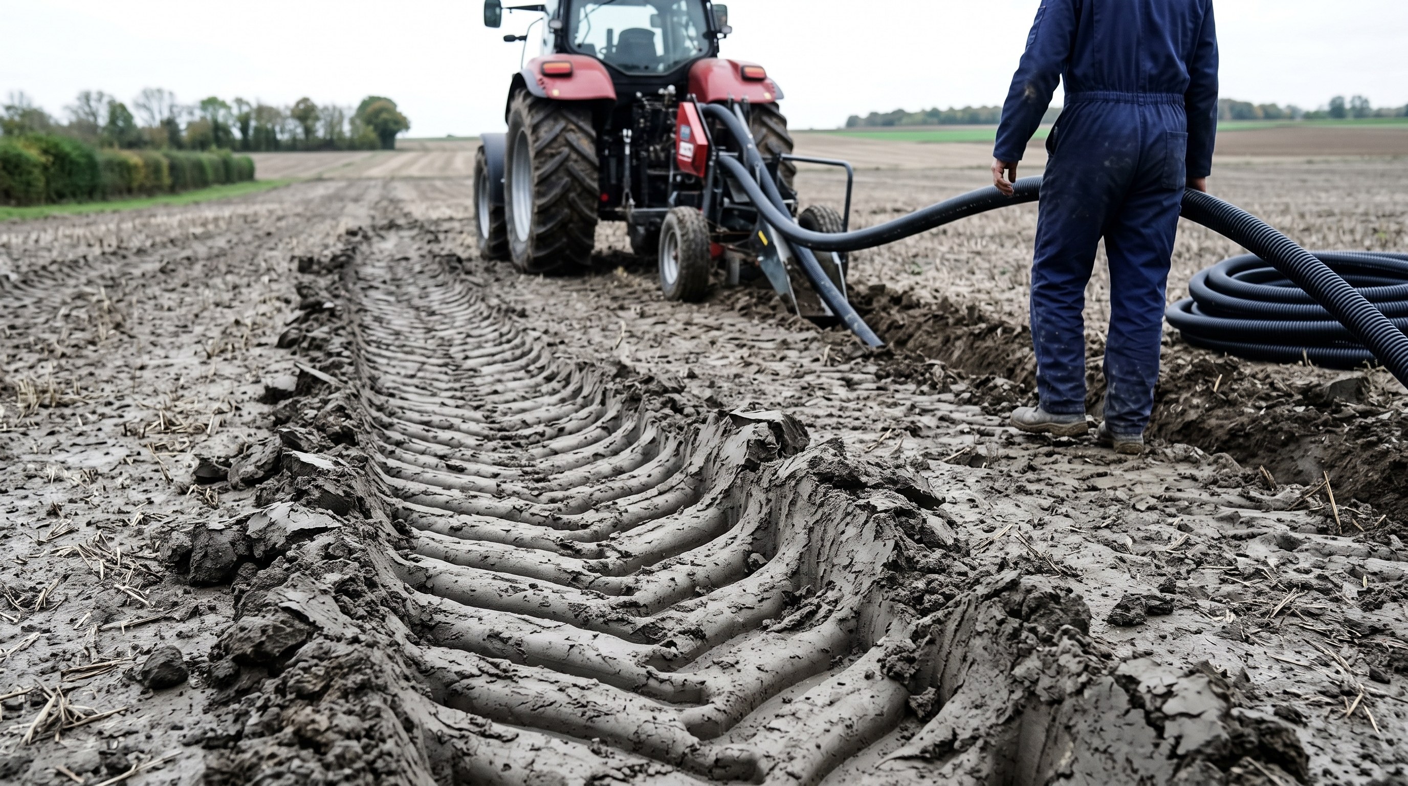 Trace d'engin agricole marquée dans une parcelle de grandes cultures après une période humide, sol argileux ouvert