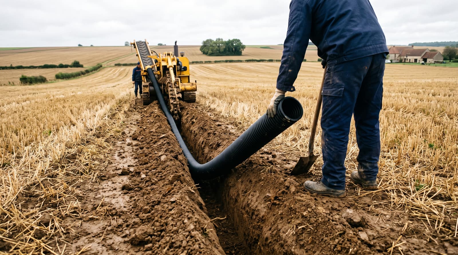 Drain agricole annelé déroulé dans une tranchée, chantier de pose, Yonne